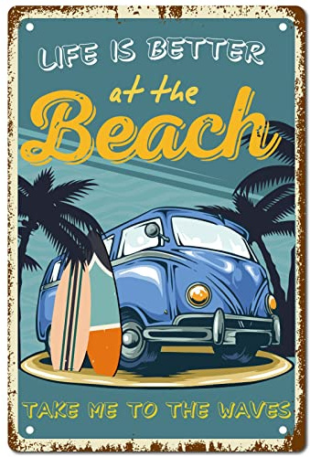 CREATCABIN Beach Vintage Metal Tin Sign Retro Wall Art Decor House Plaque Poster for Home Bar Pub Garden Kitchen Coffee Garage Decoration 12 x 8 Inch