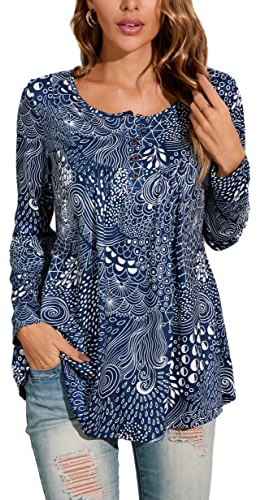 Enmain Damtunika, skjorta, långärmad tunika, långtröja damer, stora storlekar, V-ringad, långblus, skjorta, ledig, elegant tunika, toppar med knappar, paisley-blommor, t-shirt damer, S–3XL, Marinblå