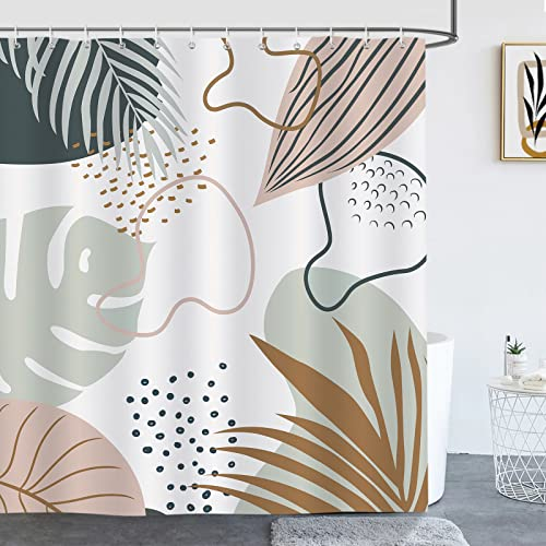 Bonhause Duschvorhang Boho Blätter Abstrakt Moderne Beige Grün Duschvorhänge 180 x 200 cm Anti-Schimmel Wasserdicht Polyester Stoff Waschbar Bad Vorhäng für Badzimmer mit 12 Haken
