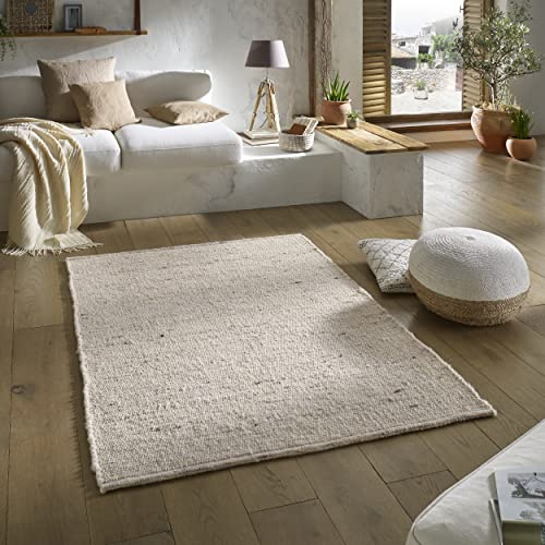TacaHome Wollteppich Natur Handweb Teppich I Reine Schur-Wolle im Skandinavischen Design I Wohnzimmer Schlafzimmer Esszimmer Kinderzimer Büro | 90 x 160 cm Natur