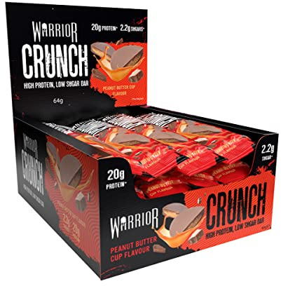 Warrior Crunch - High Protein Bars - 20g Protein Each Bar - Low Carb, Low Sugar Snack - 12 Pack x 64g (Peanut Butter Cup)