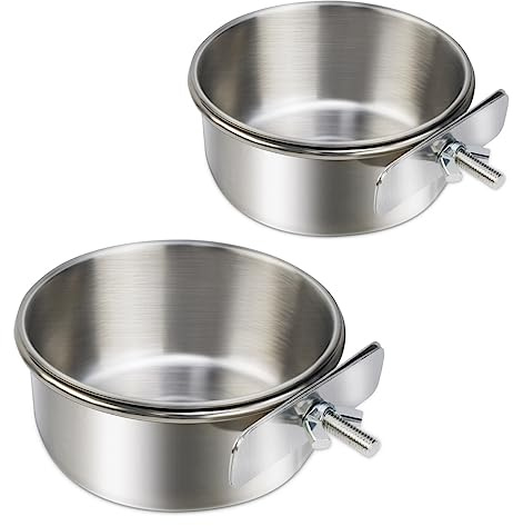 2 Pack Stainless Steel Bird Bowls for Cage Parrot Food Water Bowl Bird Feeding Dish Cups Parrot Food Water Feeder Pet Hanging Bowl Crate Coop Cups with Clamp Holder for Small Animal Dog Parakeet
