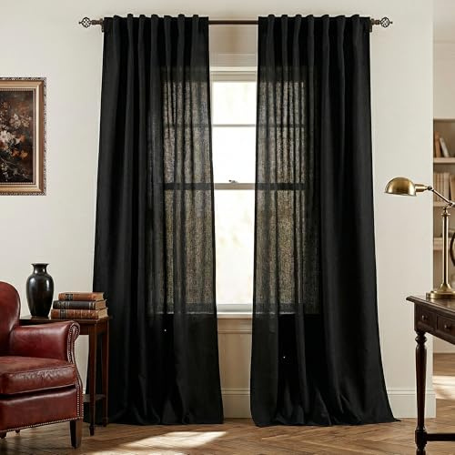 Mrs.Naturall Schwarze Leinen-Vorhänge, 244 cm lang, für Wohnzimmer, Schlafzimmer, durchscheinende Vorhänge, vom Boden bis zur Decke, Länge 2 Paneele, 2,4 m