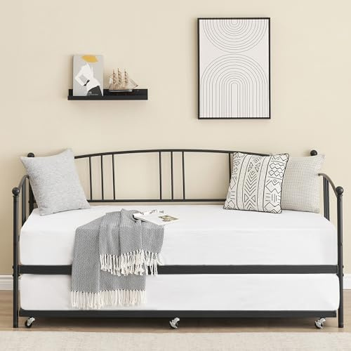 GAOMON Twin Metal Daybed with Trundle, Twin Size Daybed Frame with Pullout Trundle 6 Casters, Steel Slat Support Guest Sofa Bed for Living Room, Bedroom, Apartment, No Box Spring Needed (Black)