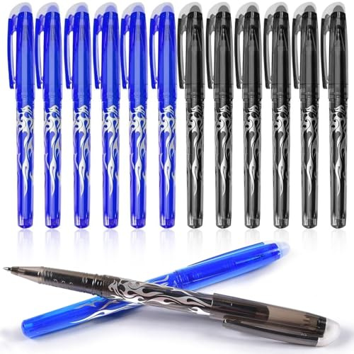 Puedno 12 stycken raderbar kulspetspenna, raderbar kulspetspenna, kulspetspenna raderbar, 0,5 mm raderbara pennor för studenter skolsaker kontorsmaterial, 6 svart, 6 blå