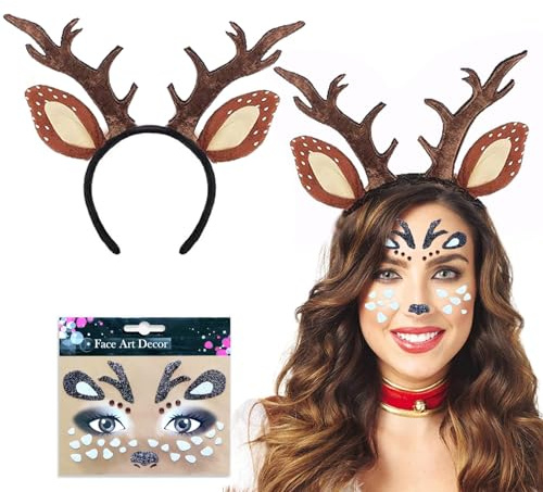 Johiux Rentier Haarreif Reh Kostüm Damen Kinder Geweih Haarreif Rentier Kostüm,Mardi Gras Weihnachten Halloween Kostüme Cosplay Party Hirsch Kostüm Zubehör Rentier Gesicht Aufkleber.（1 Sätze）