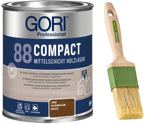 GORI 88 Premium Holzschutz Lasur 0,75 Liter, für außen + Profi Pinsel Lasur Plus 50 mm (Nussbaum)
