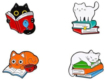 lihonzhi Lot de 4 épingles à revers en émail en forme de livre de chat - Broche en métal - Broche en forme de chat - Broche en métal - Pour les amateurs de livres - Cadeaux pour femmes, hommes,
