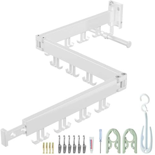 plainshe Wäscheständer Wandmontage, Platzsparend,3-Fach Faltbar, Ausziehbar Kleiderstange mit Verlängerungsstange, Aluminium Wandwäschetrockner mit 24 Haken, für Balkon, Terrasse (Weiß-Doppelhaken)