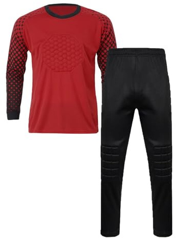 ZUYPSK Ensemble maillot de gardien de but de football pour garçon - Maillot de sport et pantalon de sport rembourré à manches longues - Équipement de protection, rouge, 164