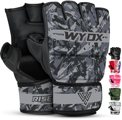 WYOX MMA Gloves Grappling Sparring, Boxing Gloves Men Women Muay Thai Martial Arts Training, Half Finger Adjustable Mitts Wrist Support Kickboxing Gloves (Grey Camo, L/XL (21-27 cm))