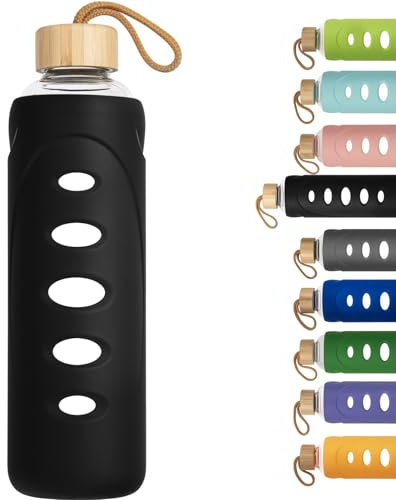 Ferexer Borraccia in Vetro Sport 1000ml / 1 Litro, Bottiglia di Acqua in Vetro con Custodia in Silicone e Tappo Unico