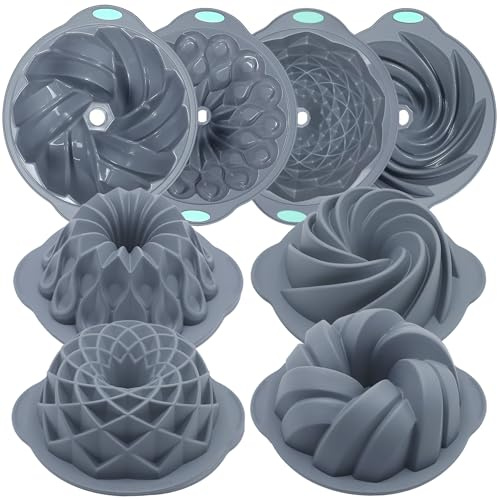Tongjude 4 Pieces Silicone Fluted Cake Pans, 6/7/8 Cups Tube Baking Pan, Non-Stick Kitchen Oven Baking Pans, Silicone Molds for Homemade Cake, Bread and Jello, Grey