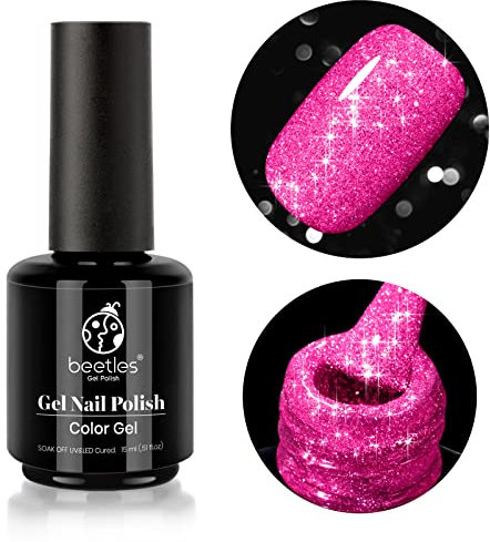beetles Gel Polish Reflective Pink Gel Nail Polish, 15ML Hot Pink Glitter Diamond Gel Colour Soak Off Sparkle UV Gel Nail Art Manicure Salon DIY Gift for Girls Women-CL678-RE