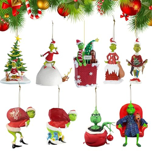 9 Stück Grin-ch Weihnachtsschmuck Deko, Lustige Weihnachtsbaum Hängende Ornament 2D Acryl Figur Baumschmuck mit Schnur Anhänger Geschenkanhänger für Party Fenster Drinnen und Außen