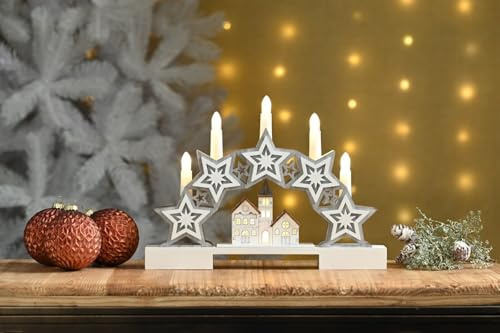 Festive Christmas LED Light Up Candle Bridge 32cm Long Wooden Village with Stars