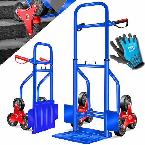 MASKO® Treppenkarre Sackkarre 200kg Transportkarre Treppensteiger Stapelkarre,klappbar Treppensackkarre Hartgummireifen| Kunststoff Griffe | Stahl Rahmen | 3-Fach Sternräder |Inkl. Handschuhe,Blau