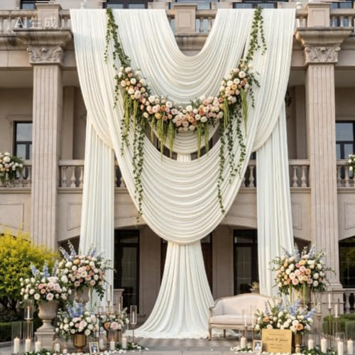 Htper 4 Panels 5x20ft Ivory Ceiling Drapes for Wedding Parties, Wrinkle Free Thick Polyester 20ft Extra Long Wedding Draping Ivory Ceiling Curtains Arch Drapery for Birthday Party Canopy Tent Decor