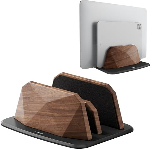 AFOOYO Vertikaler Laptop-Ständer – zwei Schlitze, Walnussholz, verstellbarer Laptop-Halter, Desktop-Dock, kompatibel mit allen MacBook, Surface, Chromebook, Dell und mehr (Walnuss)