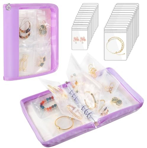 Emibele Estuche organizador de joyas de viaje, carpeta transparente de almacenamiento de joyas con 96 bolsas portátiles antideslustre transparentes con cremallera para collares, pulseras, aretes