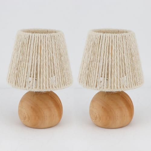 TRIROCKS Set of 2 Woven Cotton Rope Table Lamp 20cm Tall Cordless Battery Powered Lamps with Wooden Base Boho Lamps for Living Room Bedroom Weddings Parties Patio Events