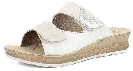inblu Femme Ciabatte Donna A Doppia Fascia Con Chiusura A Strappo Regolabile E Strass, Plantare in Vera Pelle Sandale Glissante, Glace, 38 EU