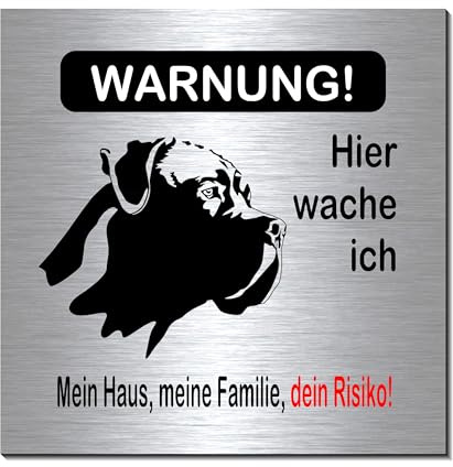 Warnung-Hund-Cane Corso- Hier wache ich-190 x 190 x 3 mm-Aluminium Edelstahloptik silber mattgebürstet Hinweisschild-Warnschild (1915-15 mit 4 Löcher)