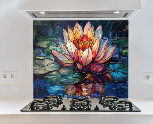 Myphotostation 76 x 61 cm strahlende Lotus-Seerosen-Glas-Spritzschutz für Herd, gehärtetes Glas, Rückenschutz für Küche, Herd, Wandschutz, Schneidebrett, Herd-Rückabdeckung