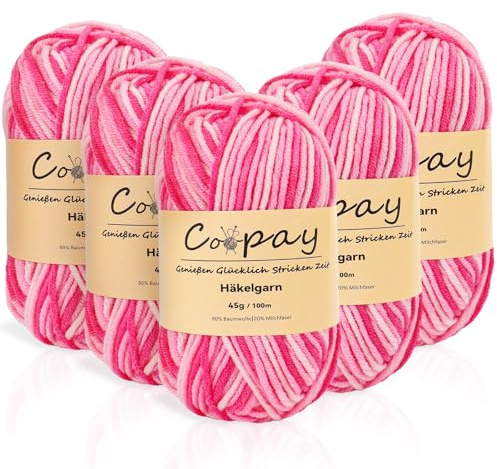 Coopay Wolle zum Häkeln, 5 x 45g Farbverlauf Häkelgarn, 5-Fädig Wolle zum Stricken, Weicher Häkelgarn Mehrfarbig, Bunt Garn zum Stricken Häkeln, Schönes Acrylgarn für Anfänger,Rosa | 2,5mm dicke, 100m/knäuel, 80% Baumwolle und 20% Milchfaser, Nadelstärke 3,0-5,0mm,5fading