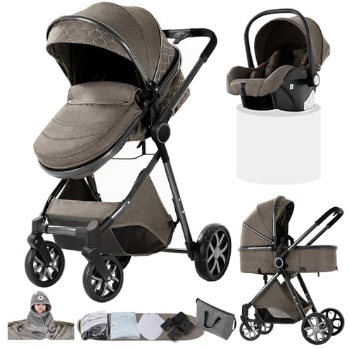 Doraystar Kinderwagen 3 in 1, Kombikinderwagen 3 in 1 Komplettset mit Zwei Umkehrbaren Schiebemodi, Kinderwagen Set mit Ein-Klick-Faltdesign, Rahmen Aluminiumlegierung (YV9 Chocolate)