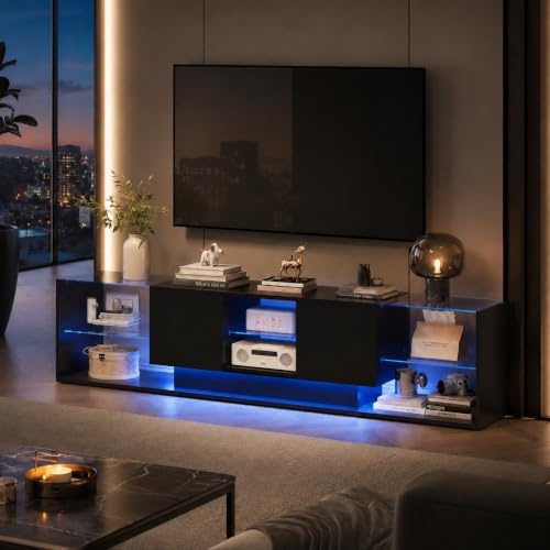 Meuble TV LED, Banc TV 200x35x45cm, Éclairage LED RGB avec Couleur réglable,Meuble Télé de Salon avec étagère en Verre Ouverte et 2 Tiroirs Convient Moderne, pour Salon ou Chambre (Noir, 200x35x45)