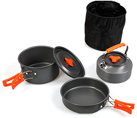 Guaber Juego de utensilios de cocina para acampar al aire libre, sartén, tetera con bolsa de almacenamiento, utensilios de fogata, utensilios para viajes, picnic, cocina, sartenes antiadherentes