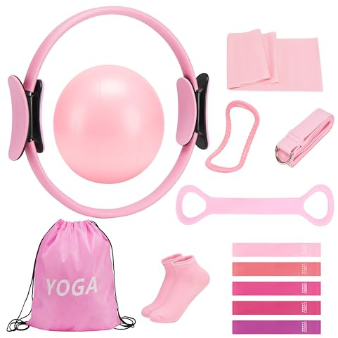 BSJ BESTGYM Pilates Ring Set, Home Workout Pilates Ausrüstung mit Pilates Ball, Widerstandsbänder und Zubehör, 14'' Magic Circle Hoop, Pilates Starter Kit für Frauen Anfänger zu Hause