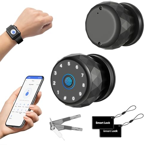 Pomo de Puerta Inteligente, Cerradura de Puerta con Huella Dactilar con Teclado, Control Biométrico y por App, Entrada sin Llave para Habitación, Garaje, Oficina, Apartamento