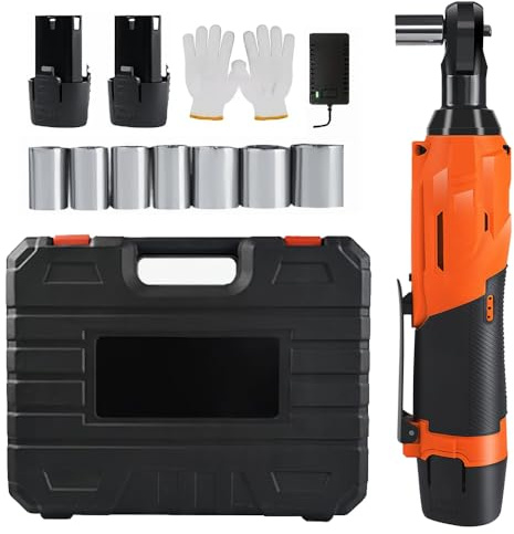 Cliquet Electrique 12 V 3/8,Jeu de Clés à Cliquet électriques à Col avec 2 Batteries de 1.5AH et Chargeur,Clé D'angle à 90°,7 Tailles,200N.m,2300RPM,Rechargeable Cle Plate à Cliquet avec LED (Orange)