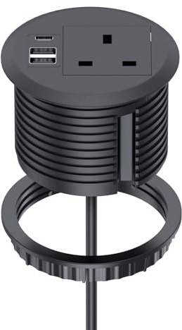 Recessed Power Socket with USB C, Haylink Desk Power Grommet with UK Plug, 3 USB Ports | 80mm Cutout | 2M Cable for Home & Office, Black