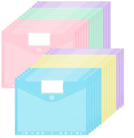 JEFURE 30 Stück Dokumententasche A4, 5 Pastellfarben Dokumentenmappe, Wasserdichte Mappen mit 11 Löchern, Klettverschluss & Etikettentaschen, Durchsichtige Dokumentenhüllen für Dokumente Organisation