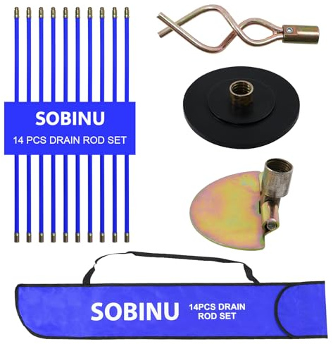 Sobinu Drain Rod Set 14pcs – Professional Drain Unblocker with Carry Bag – Heavy Duty Rods with Brass Connectors, Auger, Plunger & Worm Screw for Blocked Pipes