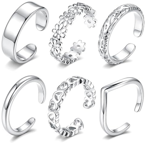 ADRAMARA Zehenring für Damen 14K Vergoldete Verstellbare Zehenringe Set | 6 Stück Zehenring Offene CZ Ringe Nicht Anlaufend,Wasserfest, Sommer Strand Fußschmuck,Silber/Gold