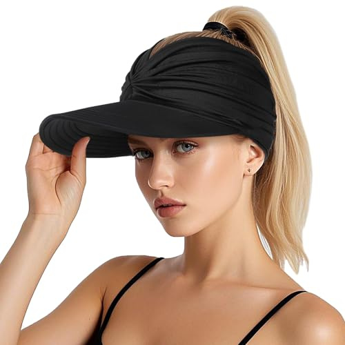 Sun Visor Hat, UPF 50+ Wide Brim Ponytail Cap with Foldable Lightweight Design, UV Protection Sports Hat for Women, Ideal for Running, Golf, Beach, and Outdoor Activities