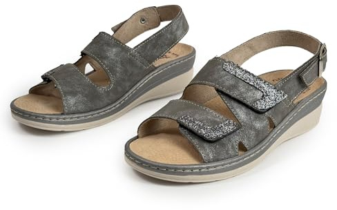 JOMIX Sandales Femme Confort pour Pieds Larges Sandales Réglables avec Scratch et Semelle Amovible en Cuir Chaussures Ouvertes Été Antidérapantes Gris 36