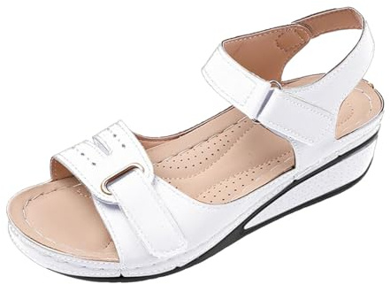 Sandalias de cuña baja para mujer, correa de tobillo ajustable, puntera abierta, zapatos casuales para caminar, con corte de verano, cómodos, calzado diario, White, 38.5 EU
