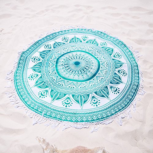 NANDNANDINI TEXTILE- Runde Mandala Tassel Fringe Indischer Kreis der Blumen Tapisserie Blue Beach Throw Roundie Yoga Mat Tischdecke Strand Decke, Strandwurf, rundes Strandtuch