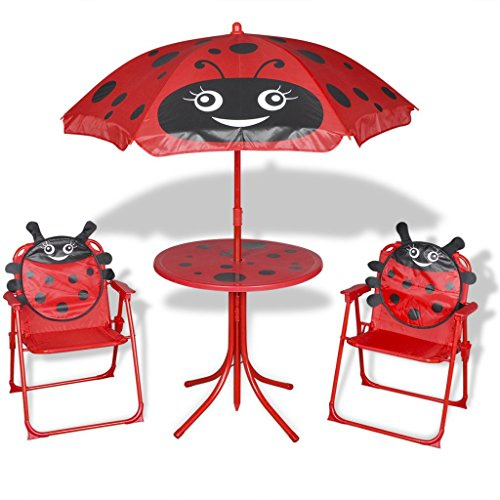 Festnight Kinder Garten-Sitzgruppe Kindersitzgruppe mit 1 Tisch, 2 Stühle und 1 Sonnenschirm Garten Kinderm?Bel - Rot
