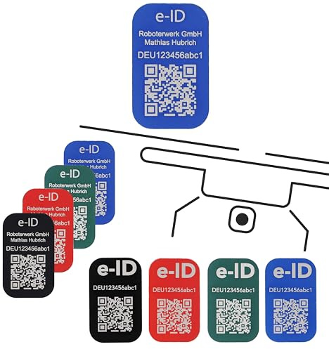 Roboterwerk Drohnen Kennzeichnungsschilder mit Lasergravur | Aluminium | 31x19mm | Blau | QR-Code | e-ID und Registrierungsnummer | Aufkleber