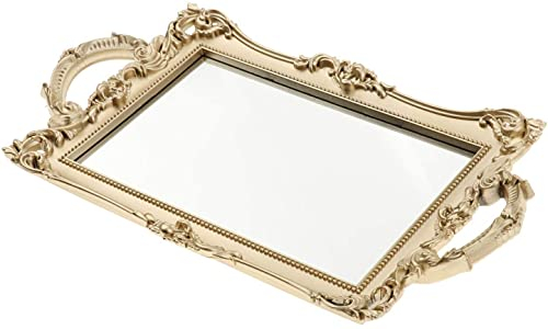 U/D, Vassoio decorativo a specchio con manici, stile vintage, per esporre profumi, per cassettiere e bagno, elegante vassoio a specchio (dorato)