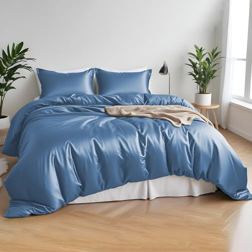 LINENWALAS Set di biancheria da letto in bambù biologico di alta qualità, 4 pezzi con 1 copripiumino, rinfrescante e perfetta per la cura della pelle (re, blu delle Bahamas)