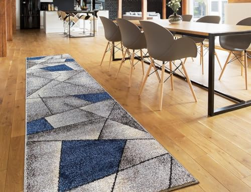 oKu-Tex Teppichläufer Wohnzimmerteppich [80x250 cm] weicher Kurzflor grau blau - Blauer Läufer für Wohnzimmer oder Flur - Runner Living Room - Modernes geometrisches Design - Deutsche Marke