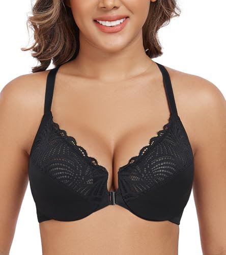 DotVol Women's Front Closure Underwire T-Back Full Figure Plus Size Unlined Seamless Bra(Black,40D)