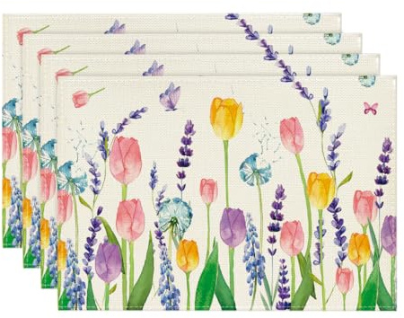 Artoid Mode Tulpe Lavendel Frühling 4er Set Platzsets, Saisonaler Sommer Küche Tisch Dekoration Drinnen Urlaub Party Dekor 30x45cm